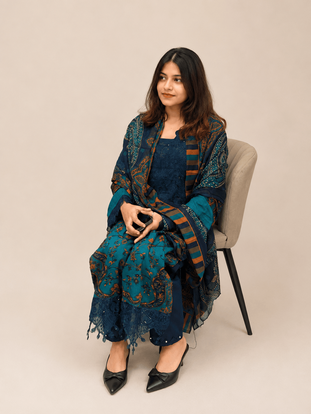Blue Pakistani lawn with chiffon dupatta