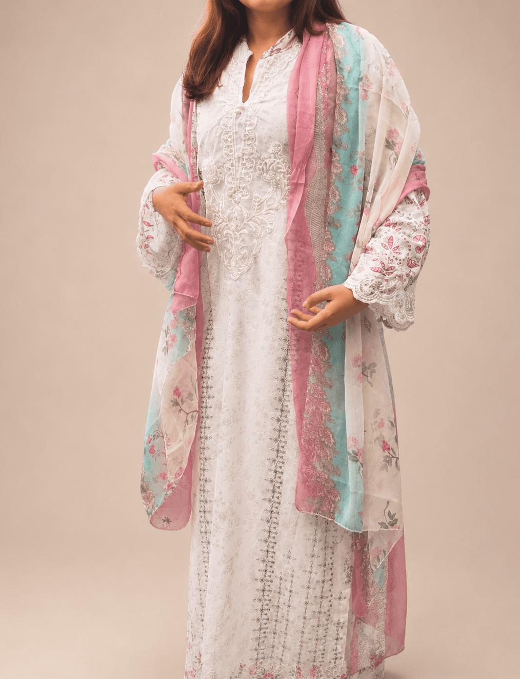 White Pakistani with Chiffon Dupatta