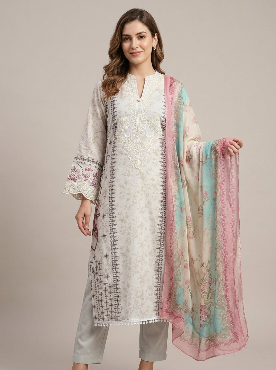 White Pakistani with Chiffon Dupatta