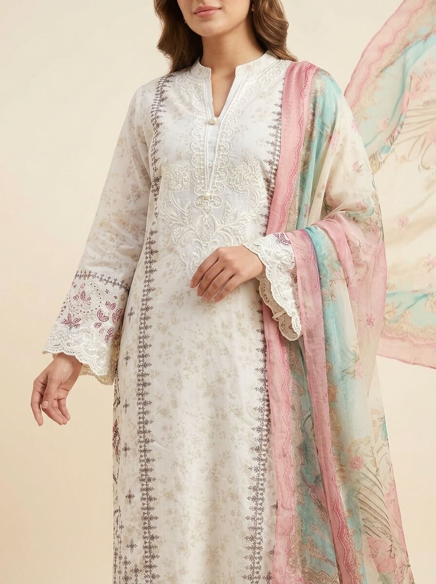 White Pakistani with Chiffon Dupatta