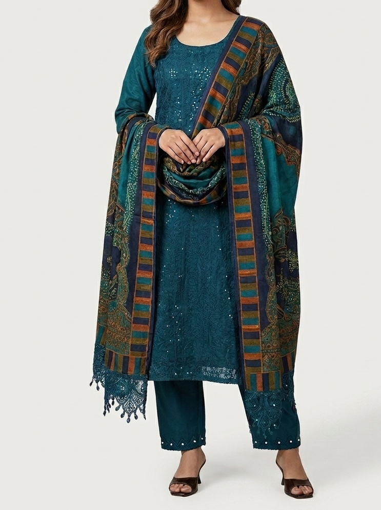 Blue Pakistani lawn with chiffon dupatta
