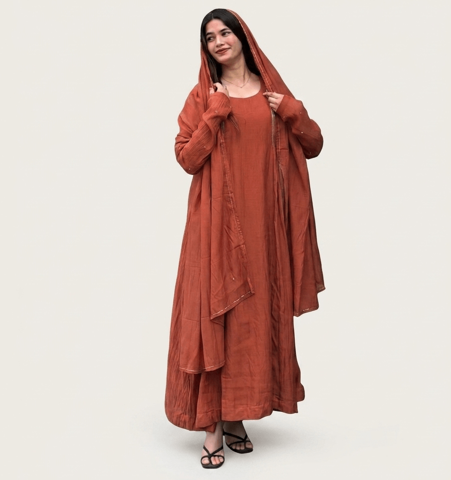Mulchanderi Rust Orange Anarkali