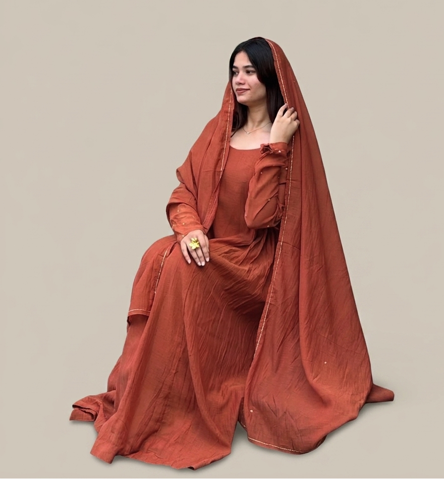 Mulchanderi Rust Orange Anarkali