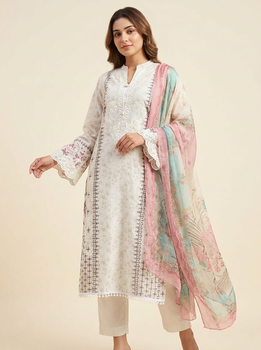 White Pakistani with Chiffon Dupatta