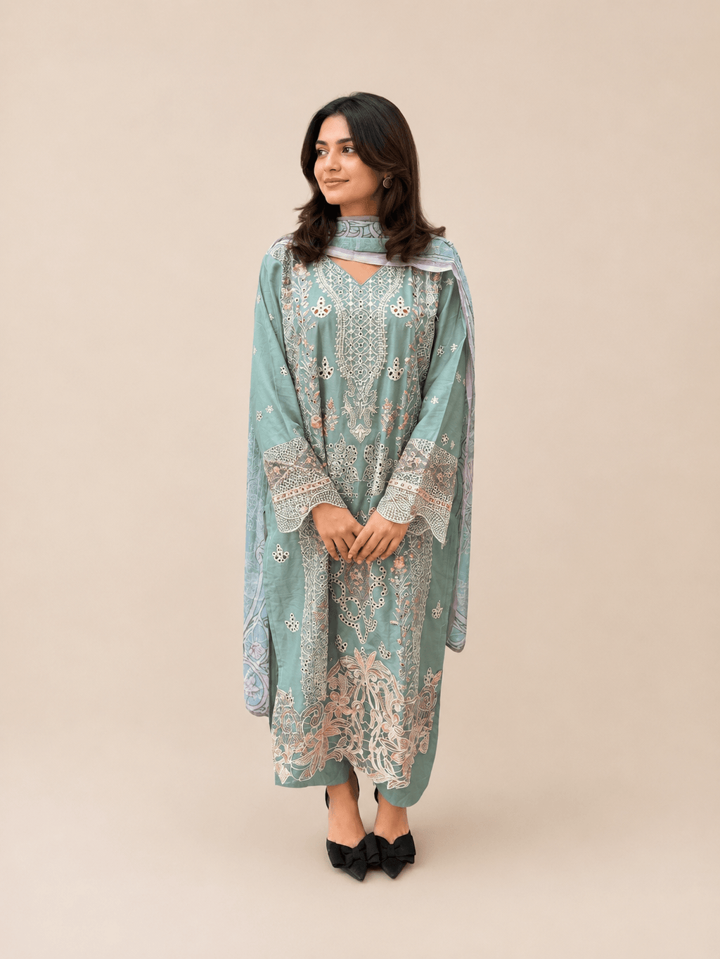 Sea Green Salwar Kameez Suit Set with Dupatta