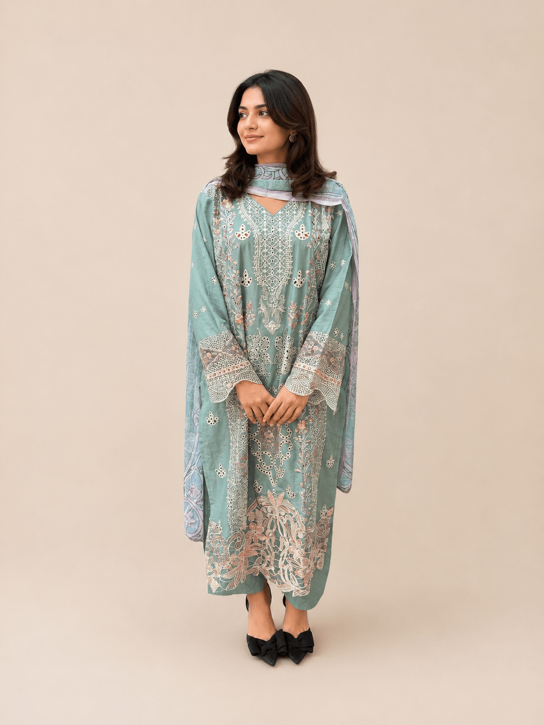 Sea Green Salwar Kameez Suit Set with Dupatta