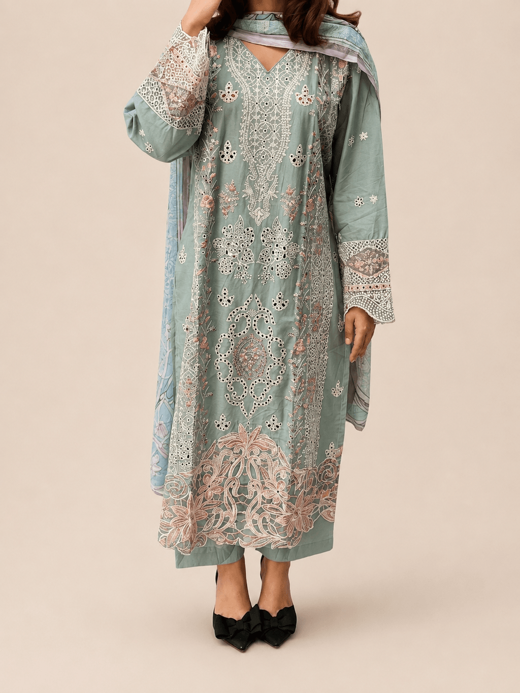 Sea Green Salwar Kameez Suit Set with Dupatta